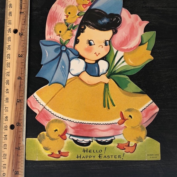 Vintage Easter Card Little Girl with Chicks Fuzzy Felt Details 1940’s - Picture 3 of 7